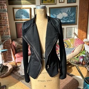 Black double-breasted zip-up blazer jacket with faux leather detail